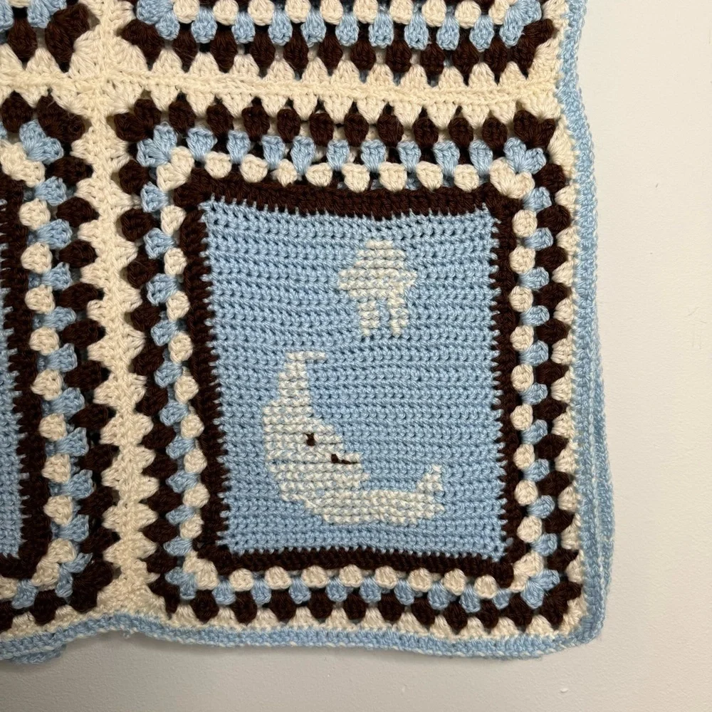 Handmade Granny Square Crochet Baby Blanket Afghan Moon & Stars Blue 40 x 57.5”